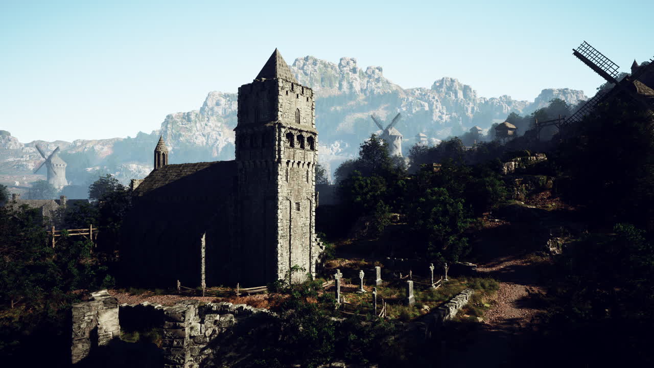 석조 교회 와 풍차 가 있는 중세 마을