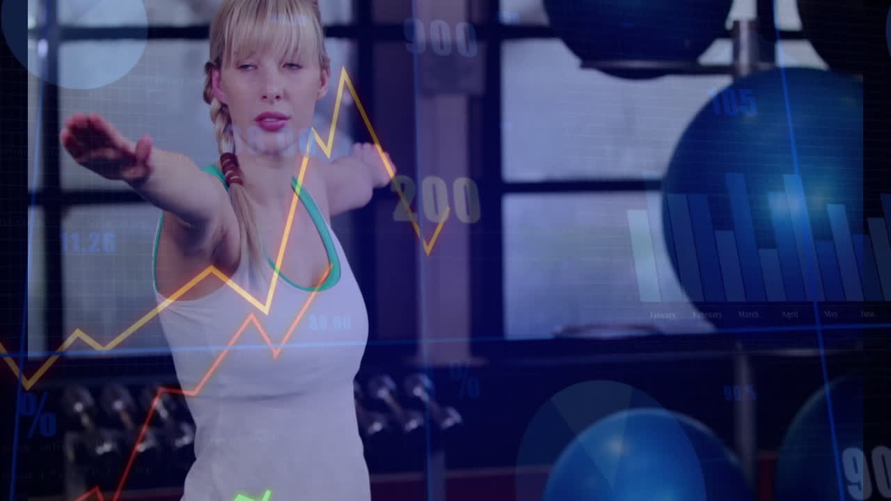 Woman exercising in gym with financial data processing animation overlay