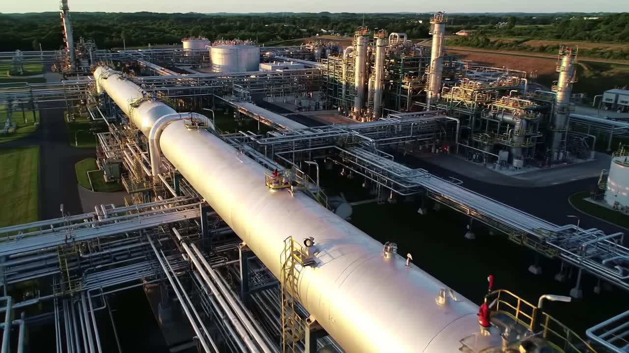 Massive Industrial Facility With Extensive Piping System Observed at Sunset