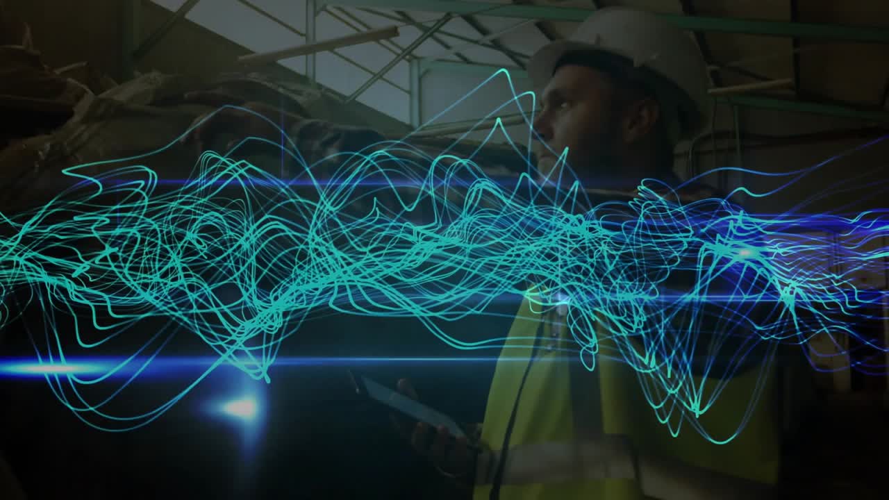 Construction inspector lifting tablet and scrolling data in warehouse, waveform guiding inspection