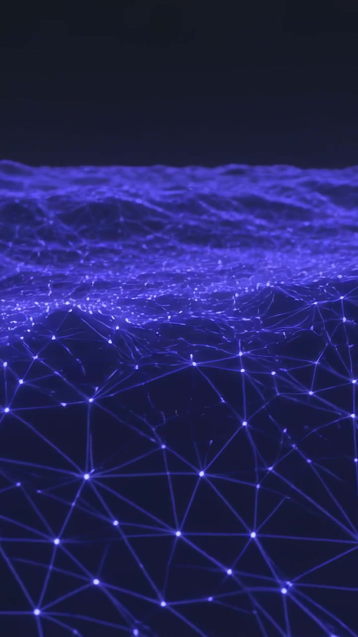 Vertical video: Pulsing blue mesh rippling in void, starting node pulses, lines showing data flow