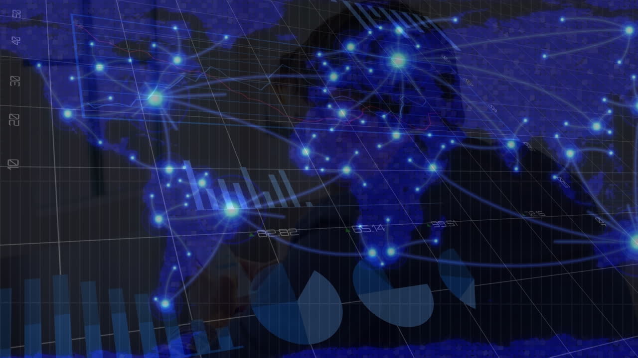 Animation of blue light trails over world map and statistical data processing on black background