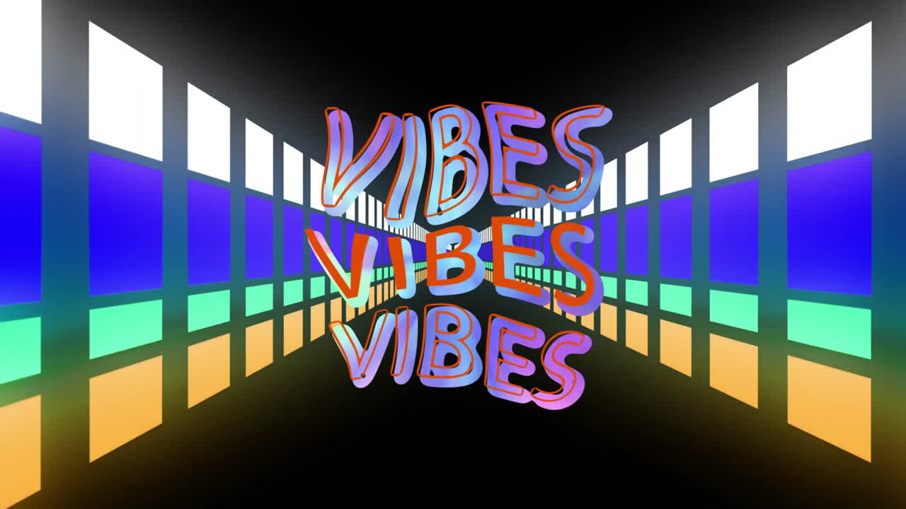 Animation of colourful vibes text distorting over tunnel of coloured square lights