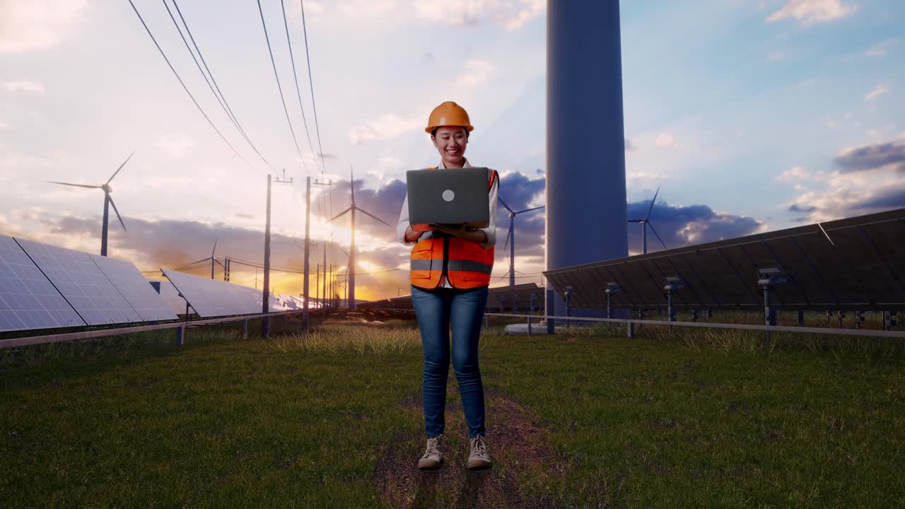 Full Body Of Asian Female Engineer With Safety Helmet Working On A Laptop With Solar Panel and Wind Turbines