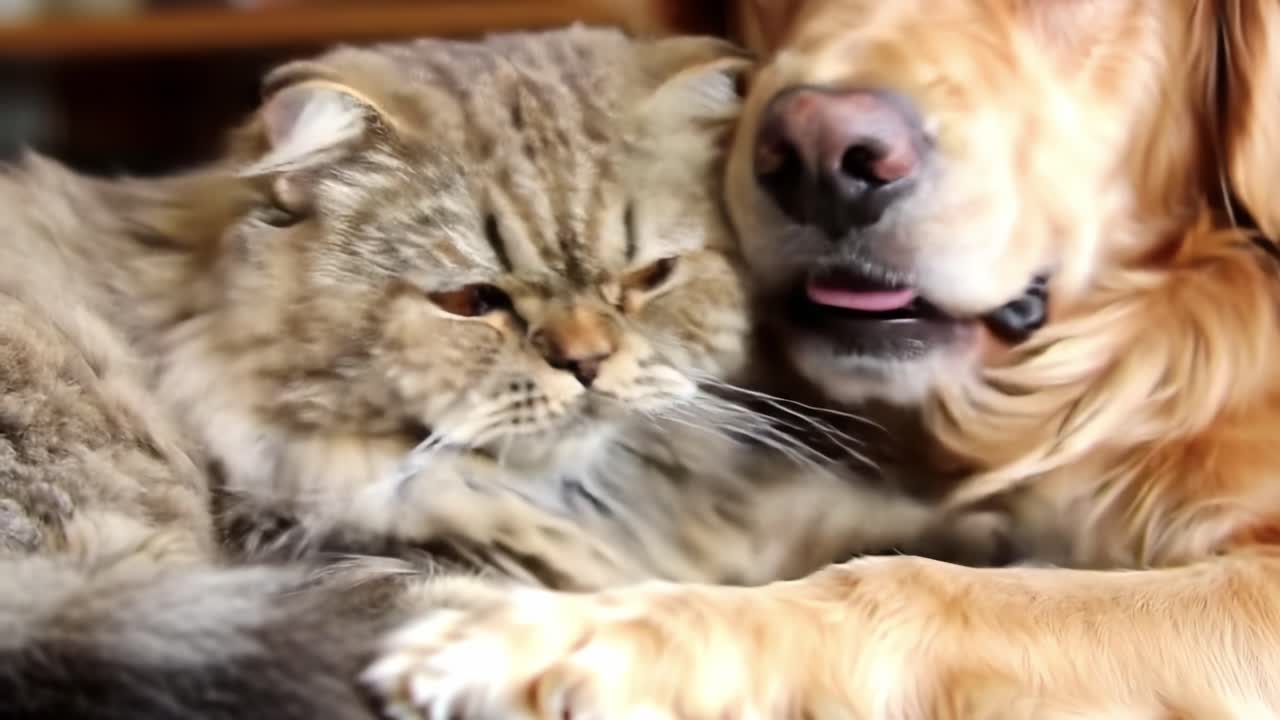 Adorable Companionship: A Golden Retriever and a Persian Cat Share a Cozy Moment Together, Highlighting the Beauty of Cross-Species Friendship and Affection