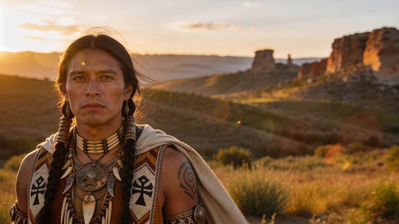 Ein stehender indigener Mann blickt in der goldenen Prärie in die Kamera, während eine Brise seinen Umhang, sein Medaillon und seine Haare anhebt.