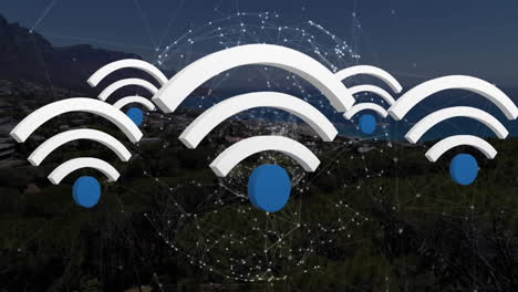 animation of wifi digital icons floating over globe of connections and landscape