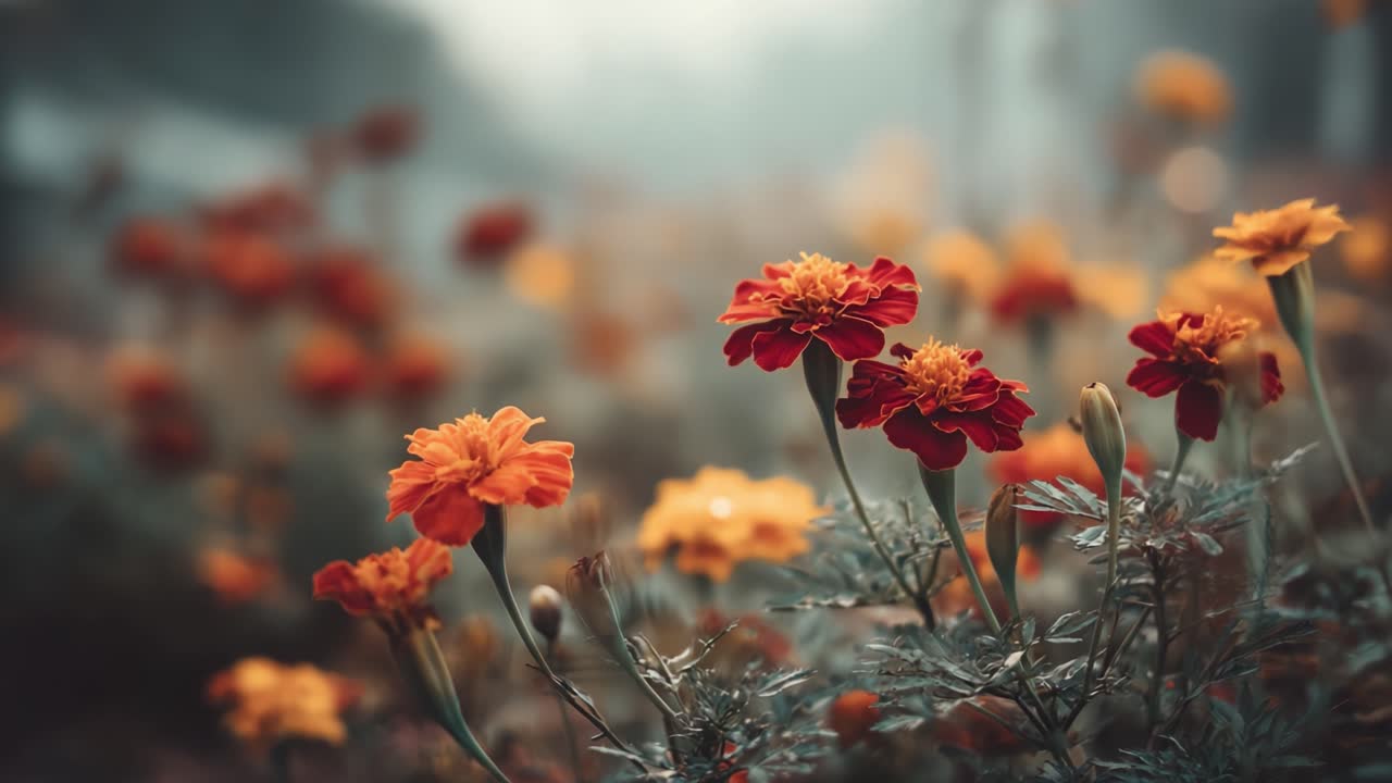 Uno spettacolo accattivante di fiori di calendula in un vivace paesaggio floreale, che mostra le loro vivaci tonalità arancioni e gialle su uno sfondo leggermente sfocato.