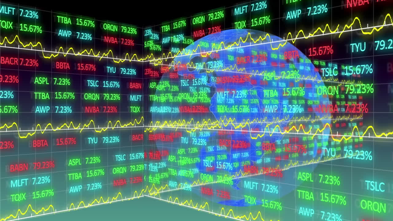 녹색 그라디언트 배경에 회전하는 지구상에서 주식 시장 데이터 처리의 애니메이션