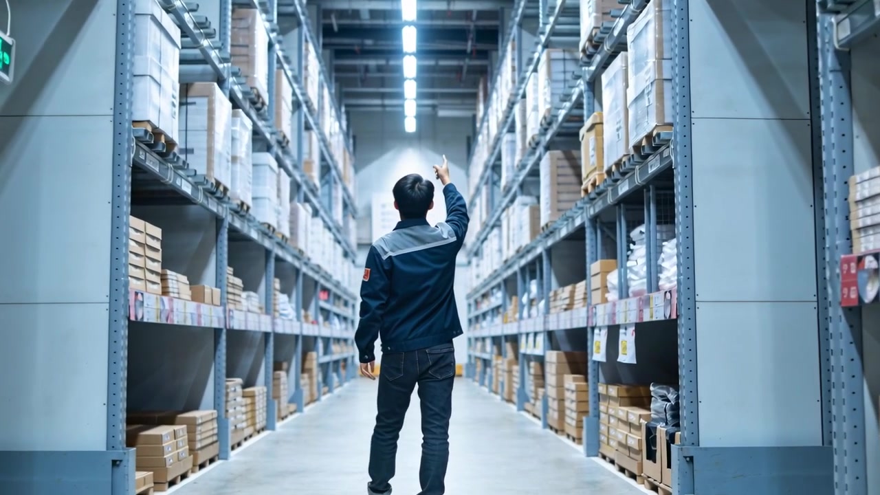 Sollevando lo scanner, un lavoratore in giacca da lavoro scansiona scaffali con scatole nel corridoio di un magazzino, controllando le scorte.