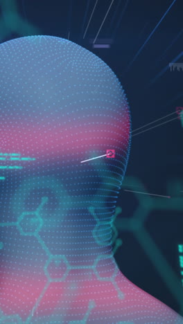 animación de la cabeza digital y procesamiento de datos sobre fondo negro