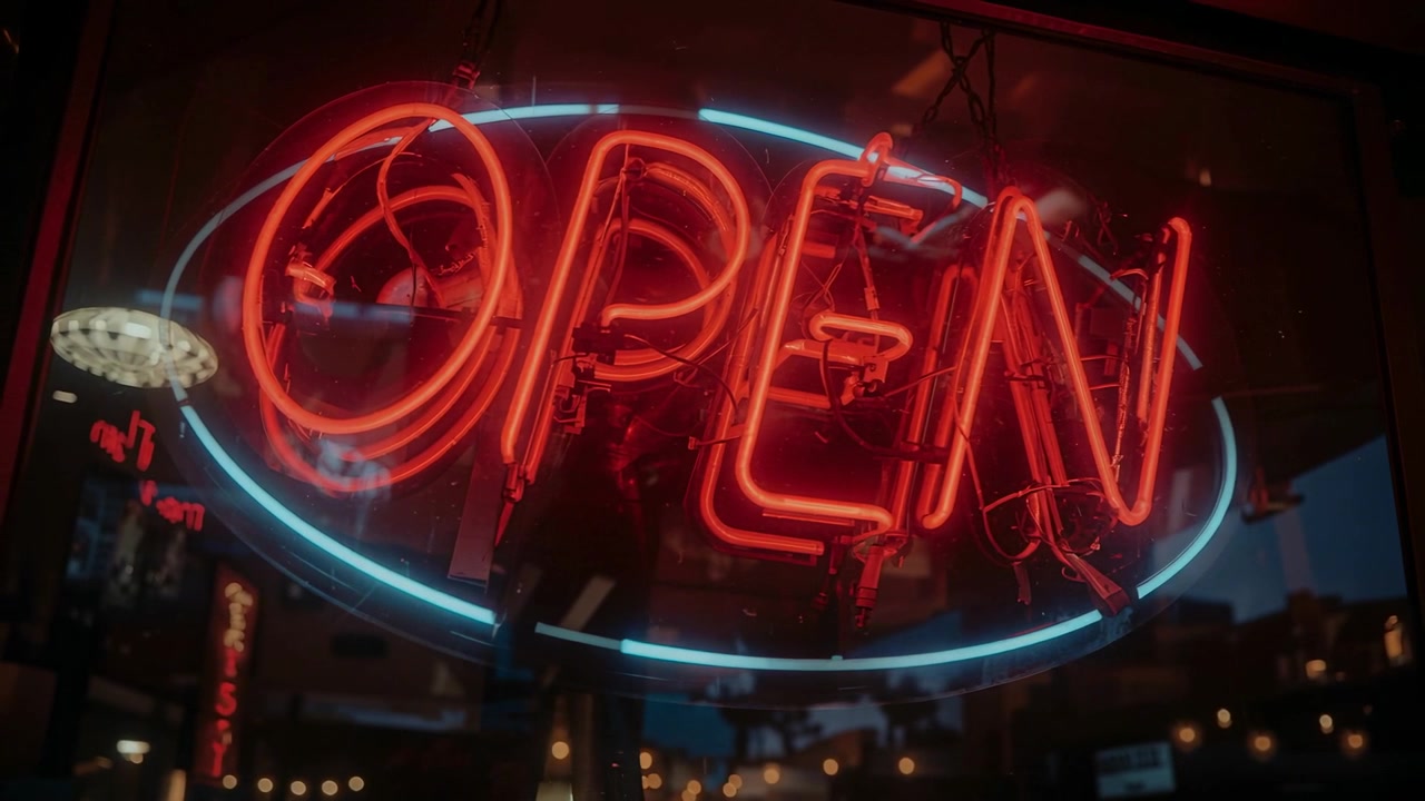 Glowing red neon OPEN sign reacting to exposure shifts in storefront window, blue oval reflection