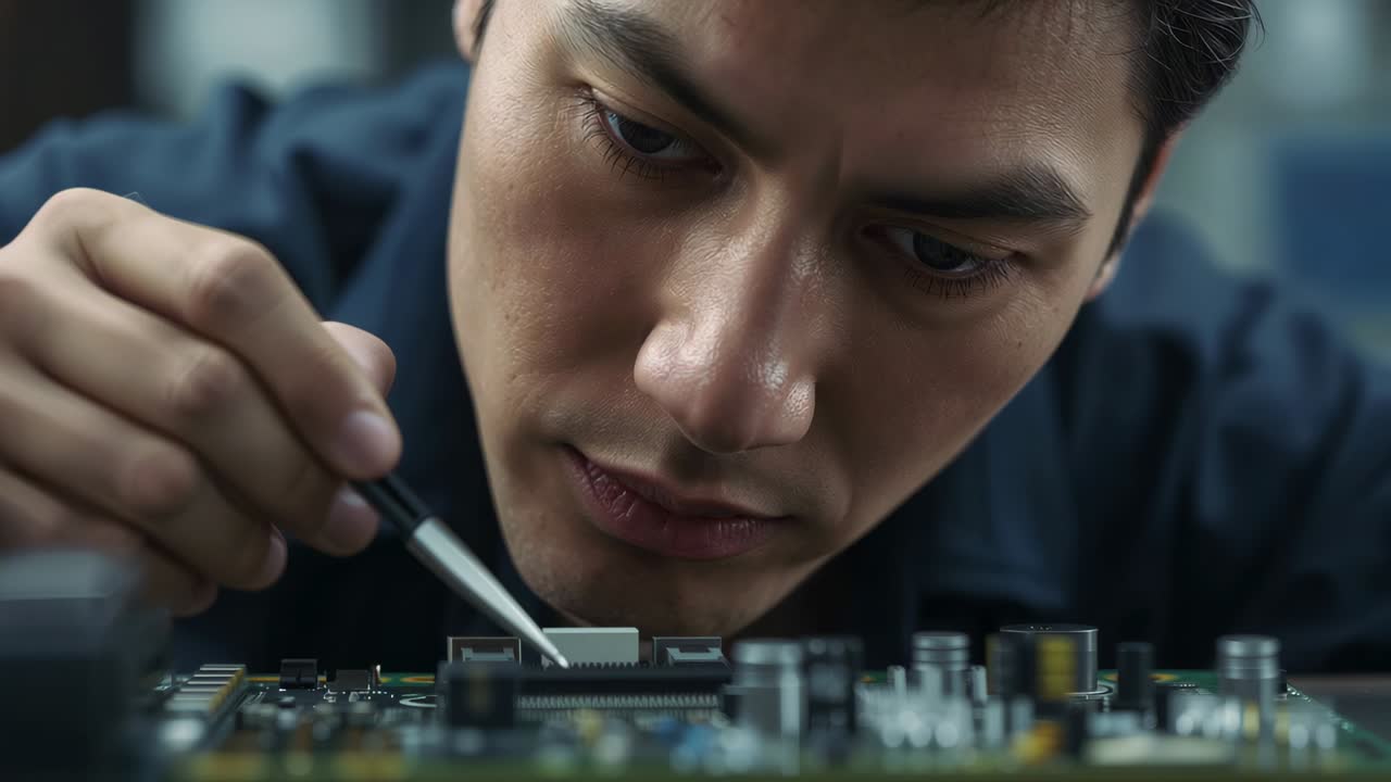 Noticing misaligned chip, technician in uniform adjusting chip on board in lab with tweezers