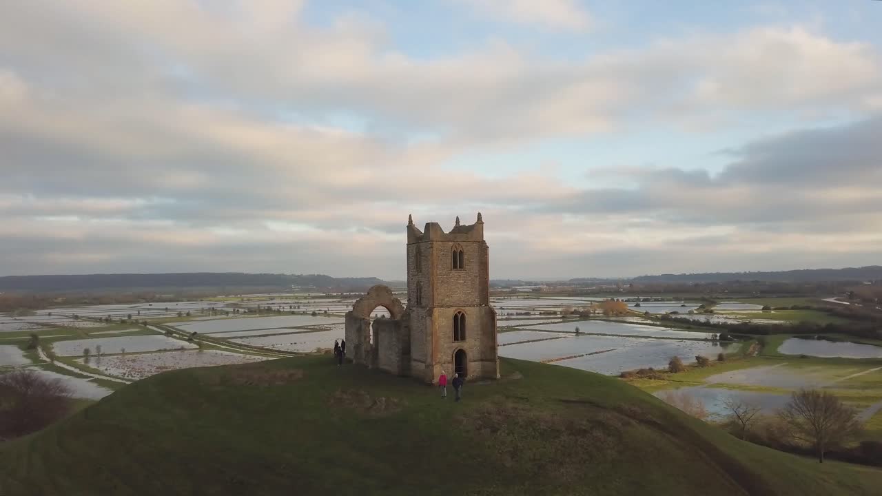 Aerial View of Church Ruins on a Hill in the English Countryside