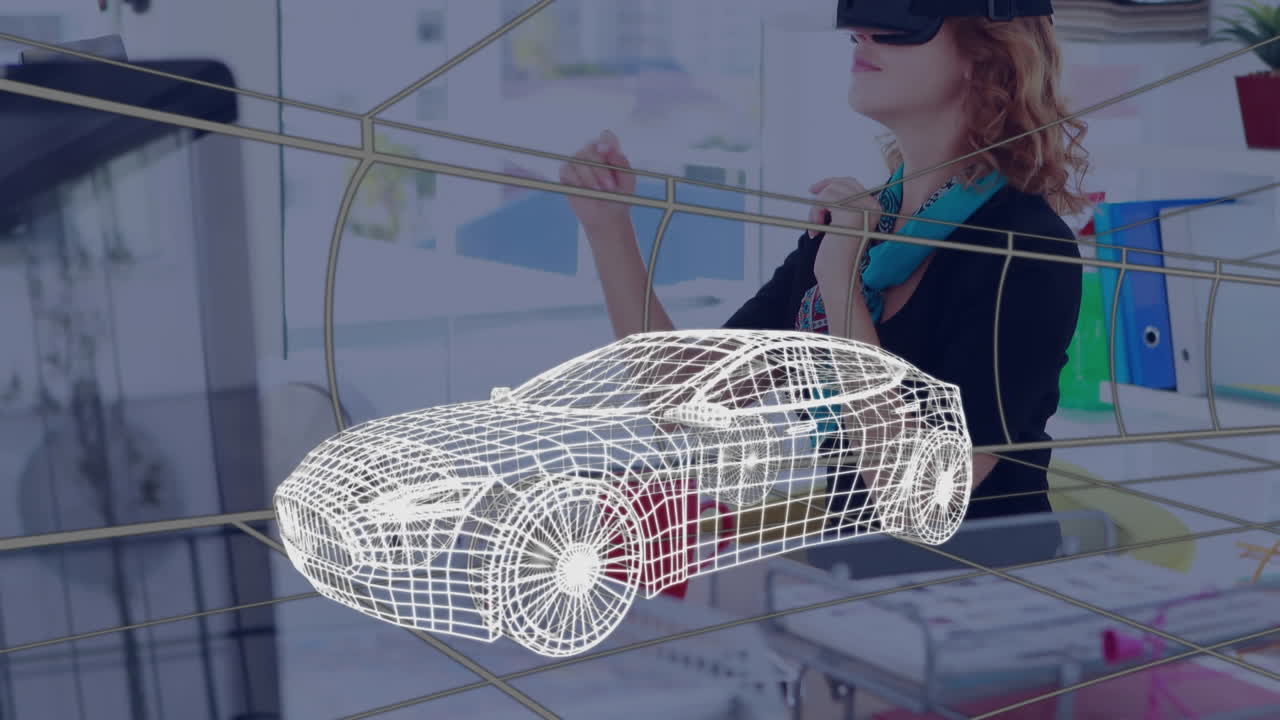 анимация цифрового 3d-рисунка машины над женщиной с помощью vr-гарнитуры