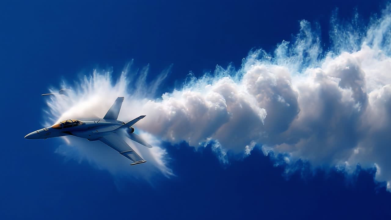 A high-speed jet fighter creates a stunning vapor cone as it approaches the speed of sound, showcasing the beauty and power of modern aerial technology against a clear blue sky