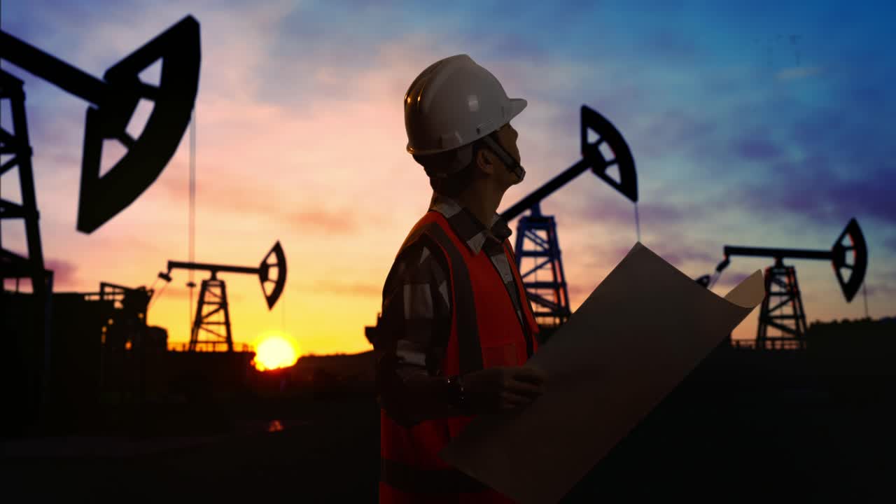 vista lateral de un ingeniero masculino asiático con casco de seguridad mirando el plano en sus manos y mirando a su alrededor mientras está de pie frente a las bombas de petróleo, durante la puesta o salida del sol