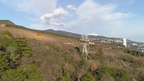 cable car on mountainside with city view