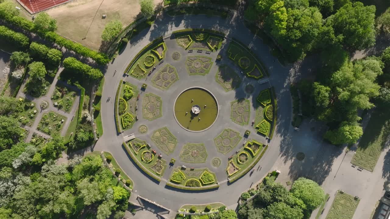 Italian style gardens surrounded by trees. Top down view. Stanley Park, Blackpool, Lancashire, UK.