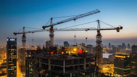 skyscraper construction site with cranes against a cityscape at dusk