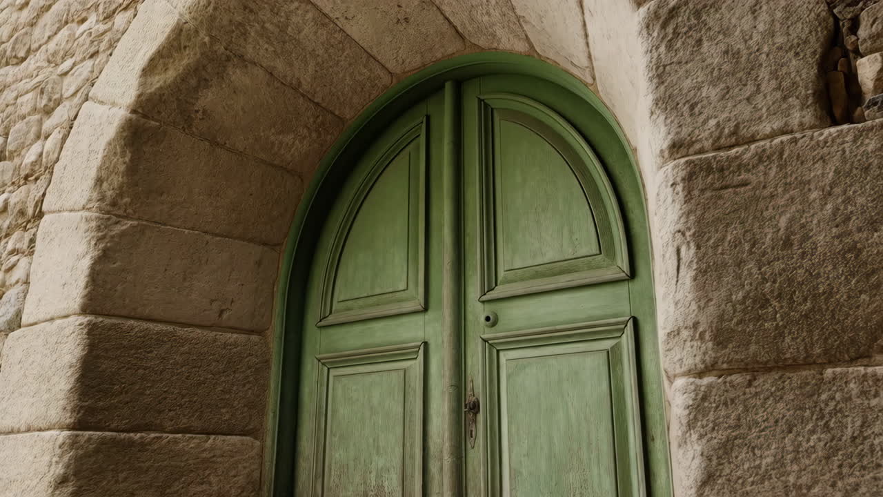 An old green wooden door set in a stone archway