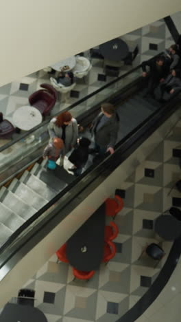 an overhead view capturing a bustling mall scene with people going up an escalator. modern furnishings and a mix of seating arrangement