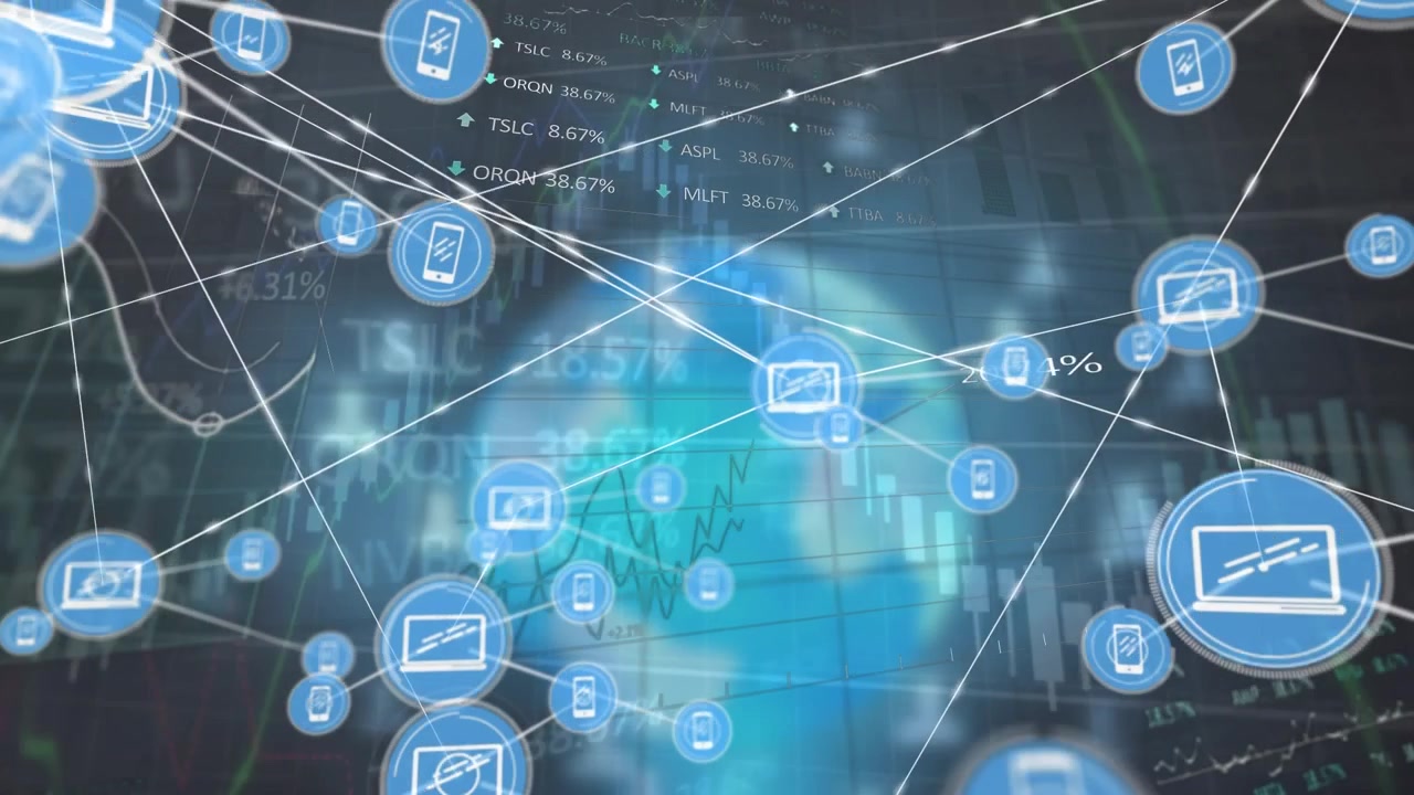 This video clip shows a cityscape with financial graphs and data superimposed on it