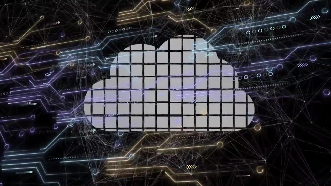 Floating pale tiles appearing and drifting inward, assembling cloud icon showing neon network flow