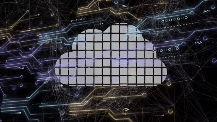 Floating pale tiles appearing and drifting inward, assembling cloud icon showing neon network flow
