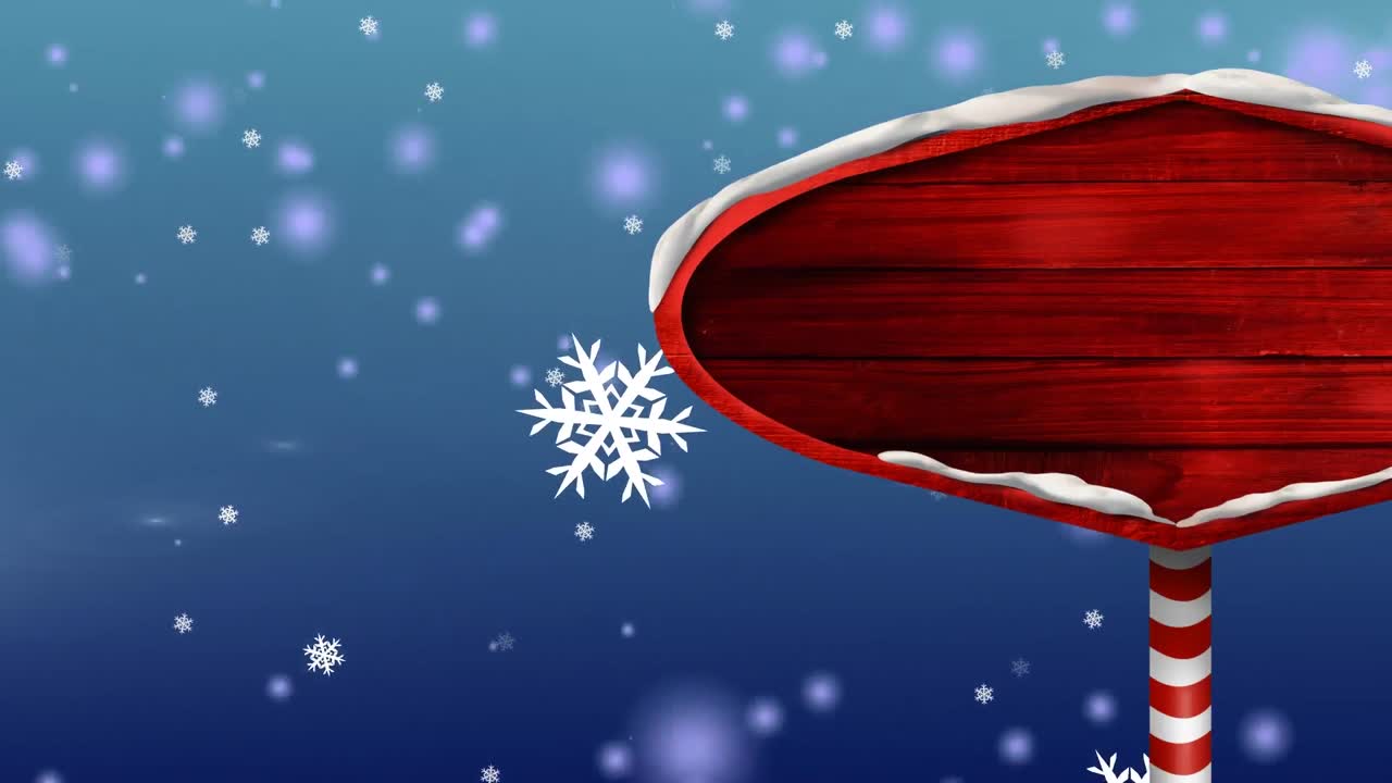 Animation of snow falling over christmas wooden sign board with copy space