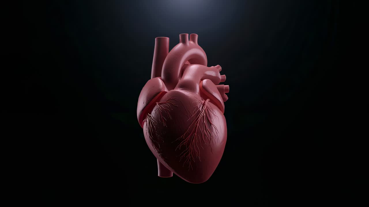 Bagliore rosso pulsante che crea un rendering in 3D di un cuore che ruota in studio, tracciando i vasi coronarici