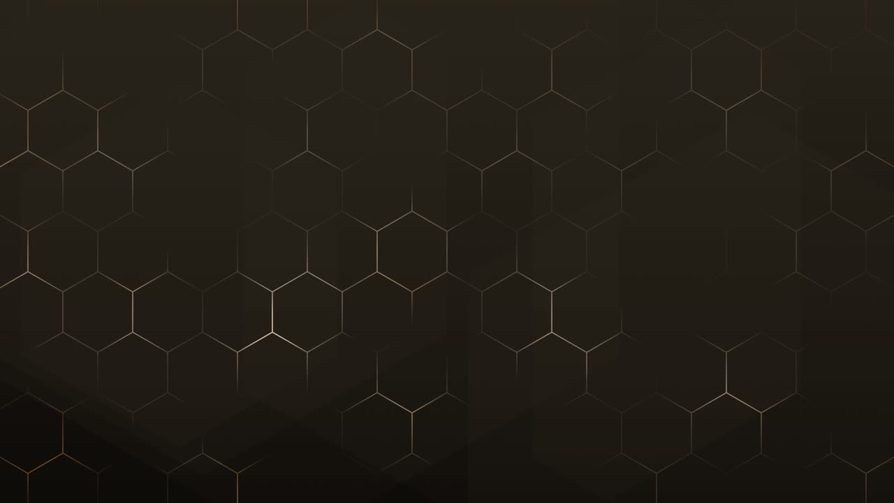 Seamless loopable dark brown animation background, golden hexagonal grid pattern, faint, glowing honeycomb outlines that subtly shift and pulse across the textured surface