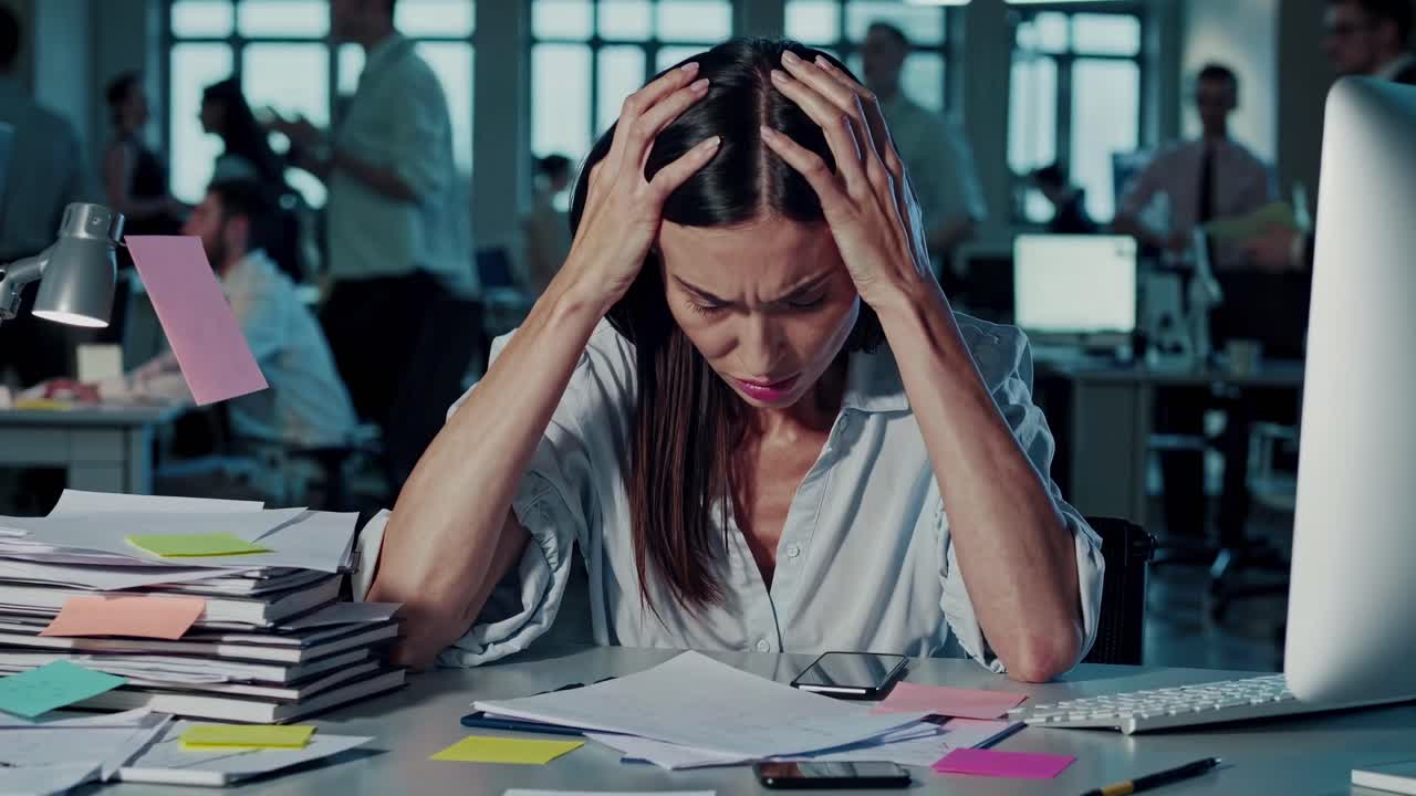A stressed woman at a cluttered desk, holding her head in frustration