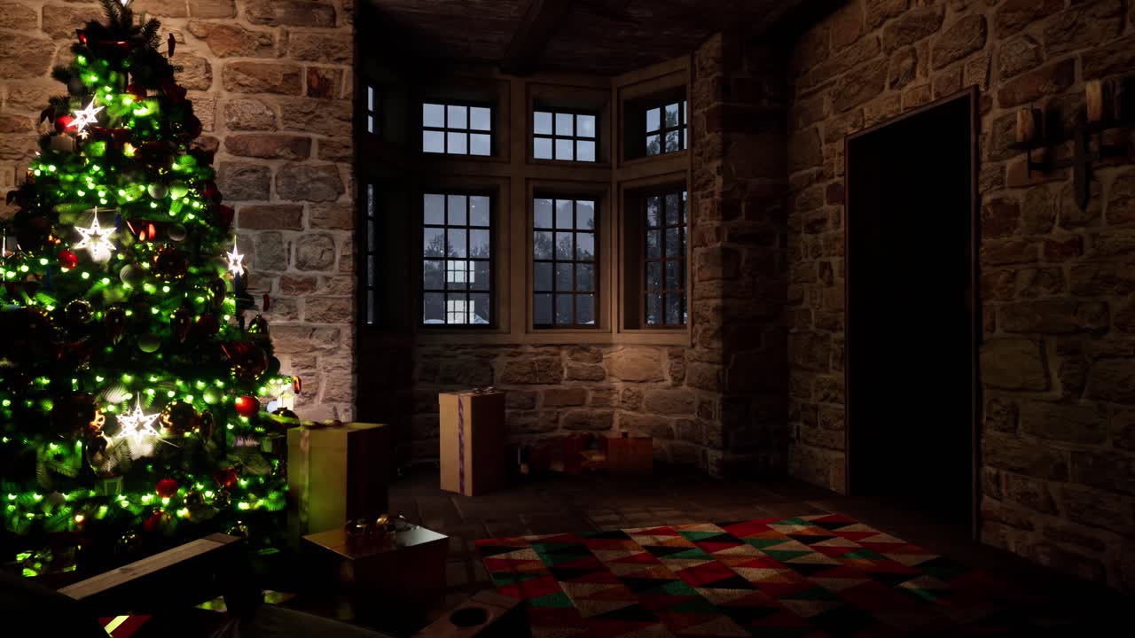 Cozy Christmas Room with Presents and Decorated Tree