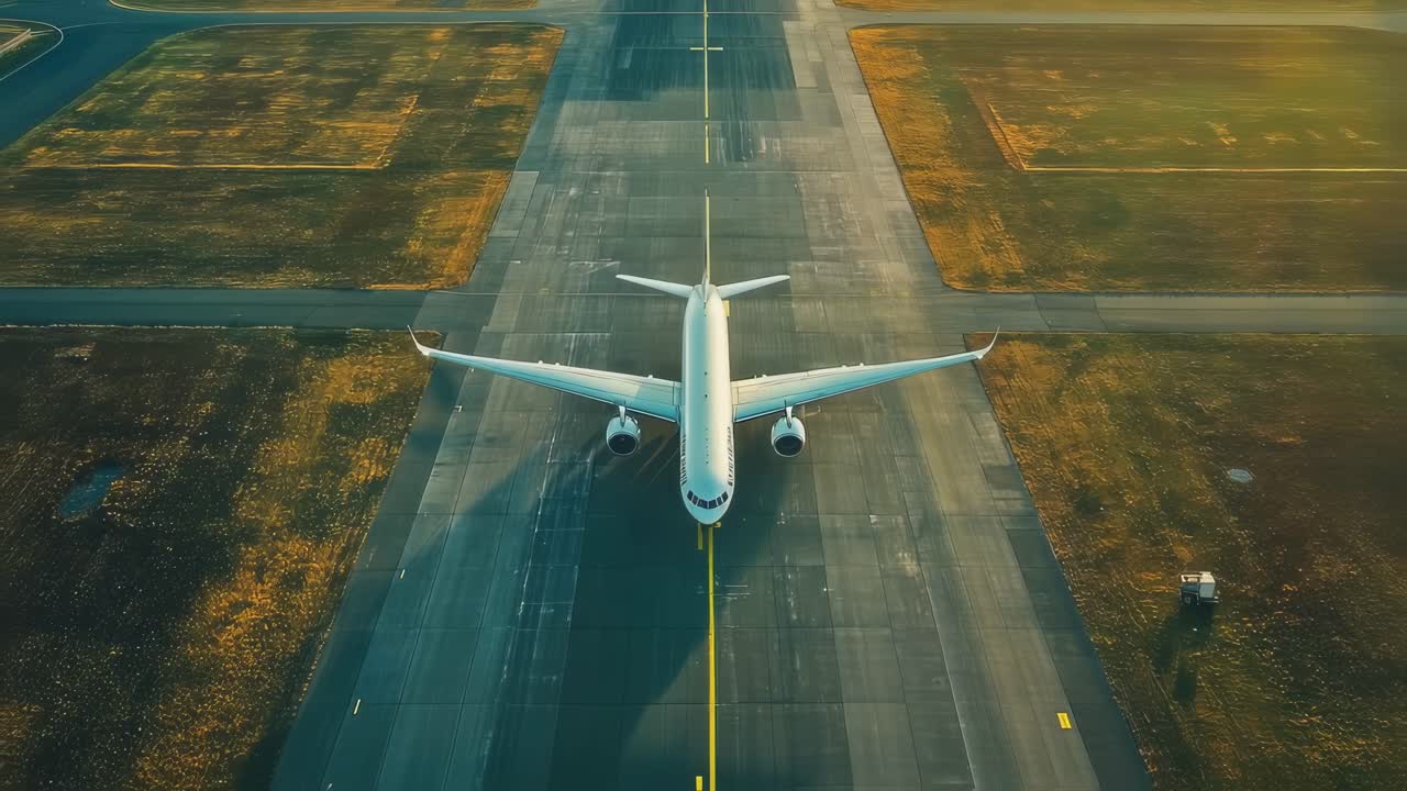 Passenger airplane taxiing along airport runway during golden sunset, preparing for international flight with powerful engines gleaming against warm evening light