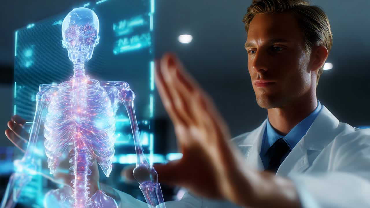 A Medical Professional Engaging with a Holographic Skeleton Interface, Illustrating Advanced Technology in Healthcare and Anatomy Visualization for Enhanced Learning and Patient Care