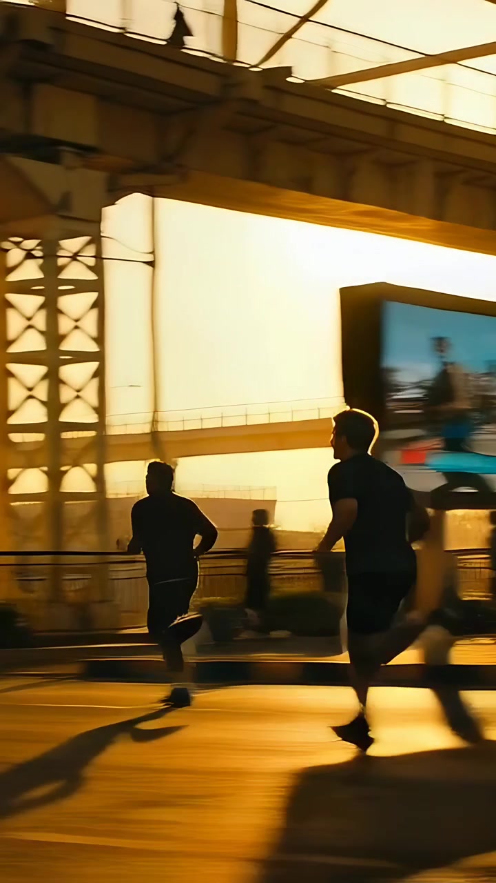 Vertical video: Sunlit two male runners training, sprinting on bridge in shorts, past steel columns