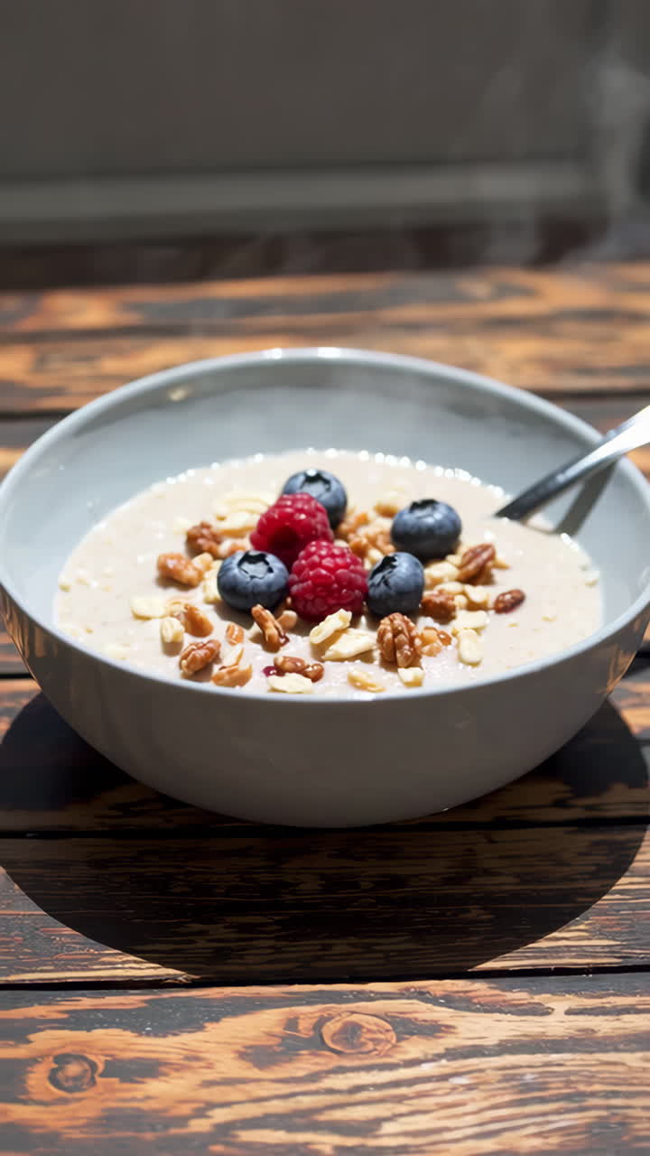 Warm Oatmeal with Blueberries, Raspberries, and Walnuts