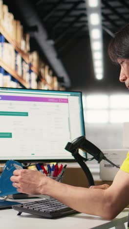 vertical video asian warehouse worker uses ai virtual assistant to help manage inventory