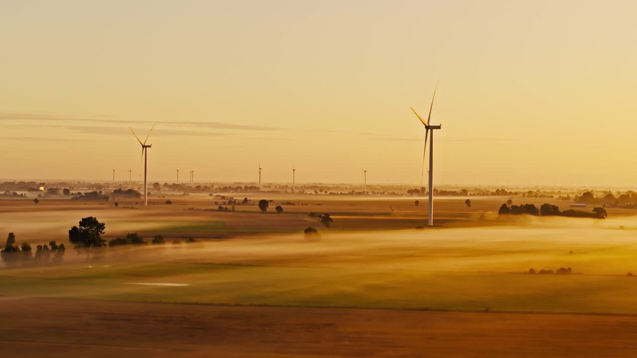 Golden misty farmland and wind farm symbolize green energy and confrontation