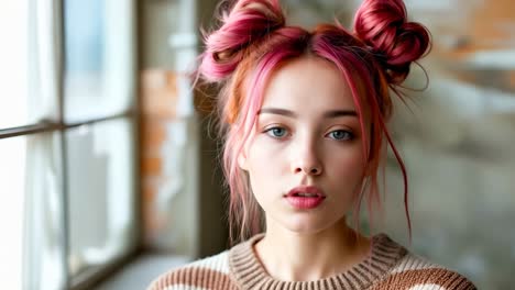 a woman with pink hair in a messy bun