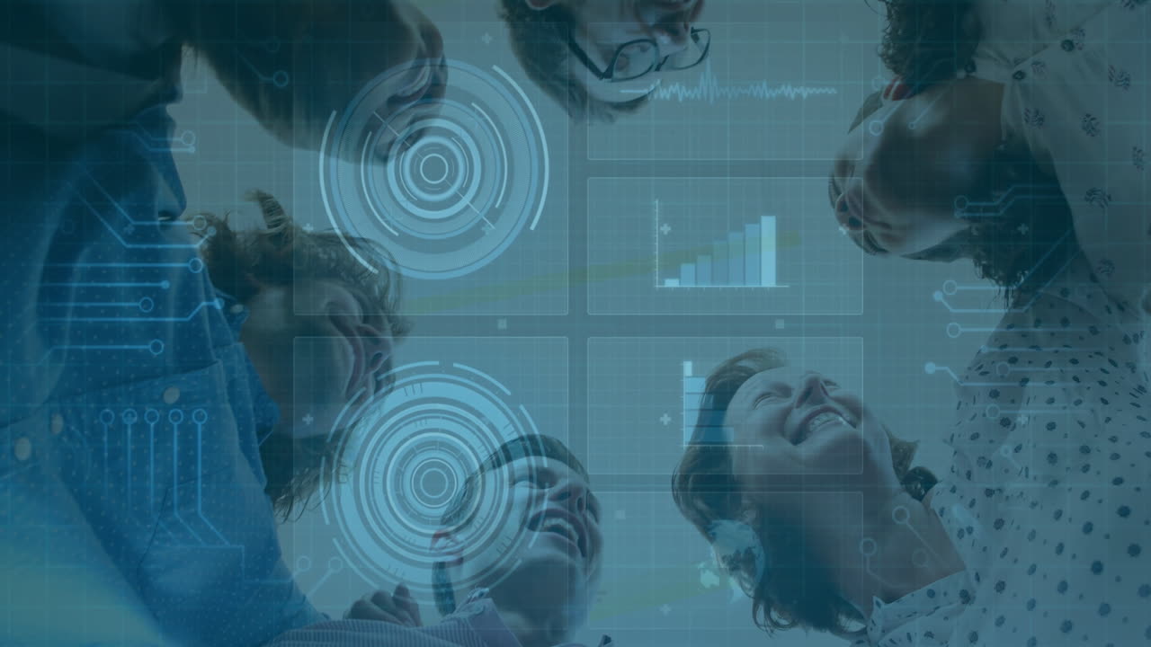 Looking up, diverse group with animation of digital data graphics overlay