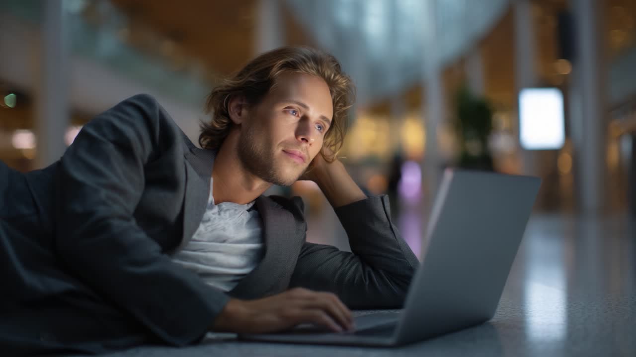 A Relaxed Individual Working on a Laptop in an Airport Venue during Late Hours, Showcasing Focus and Serenity amidst Modern Architecture and Ambient Lights