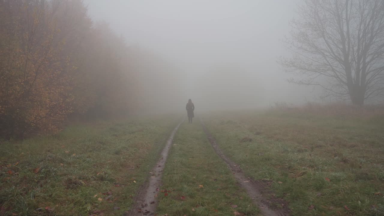 Misty rural environment, countryside track, young woman walking alone