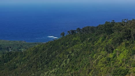 green mountain landscape and open blue ocean on maui, hawaii, wide aerial pan