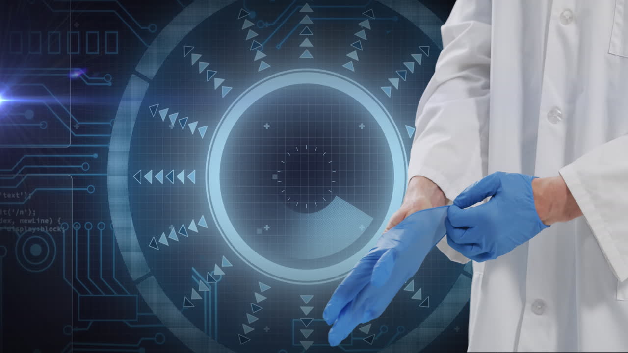 animación de un médico caucásico y procesamiento de datos científicos sobre un fondo azul.