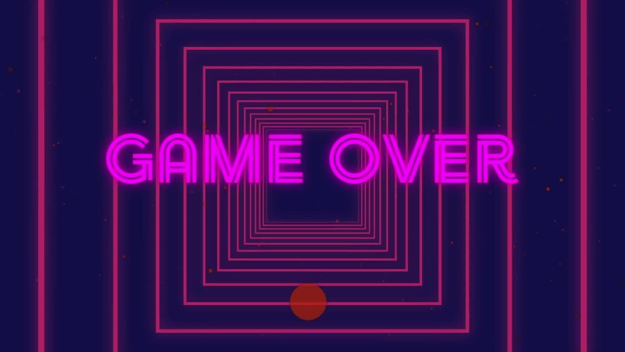 Animação do texto "game over" sobre formas em fundo azul.