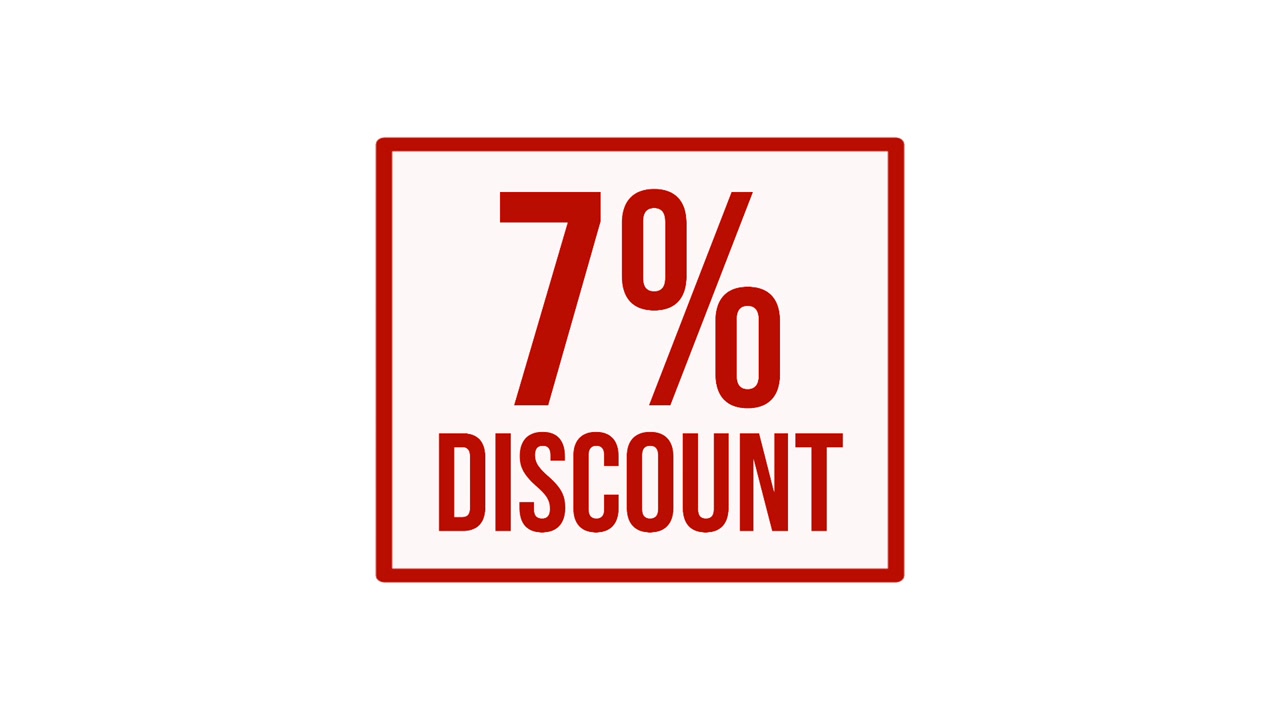 Animazione grafica di un'etichetta di sconto del 7% con tipografia rossa in grassetto su sfondo bianco, ideale per promozioni di vendita, offerte speciali, pubblicità al dettaglio, campagne di marketing e video di e-commerce