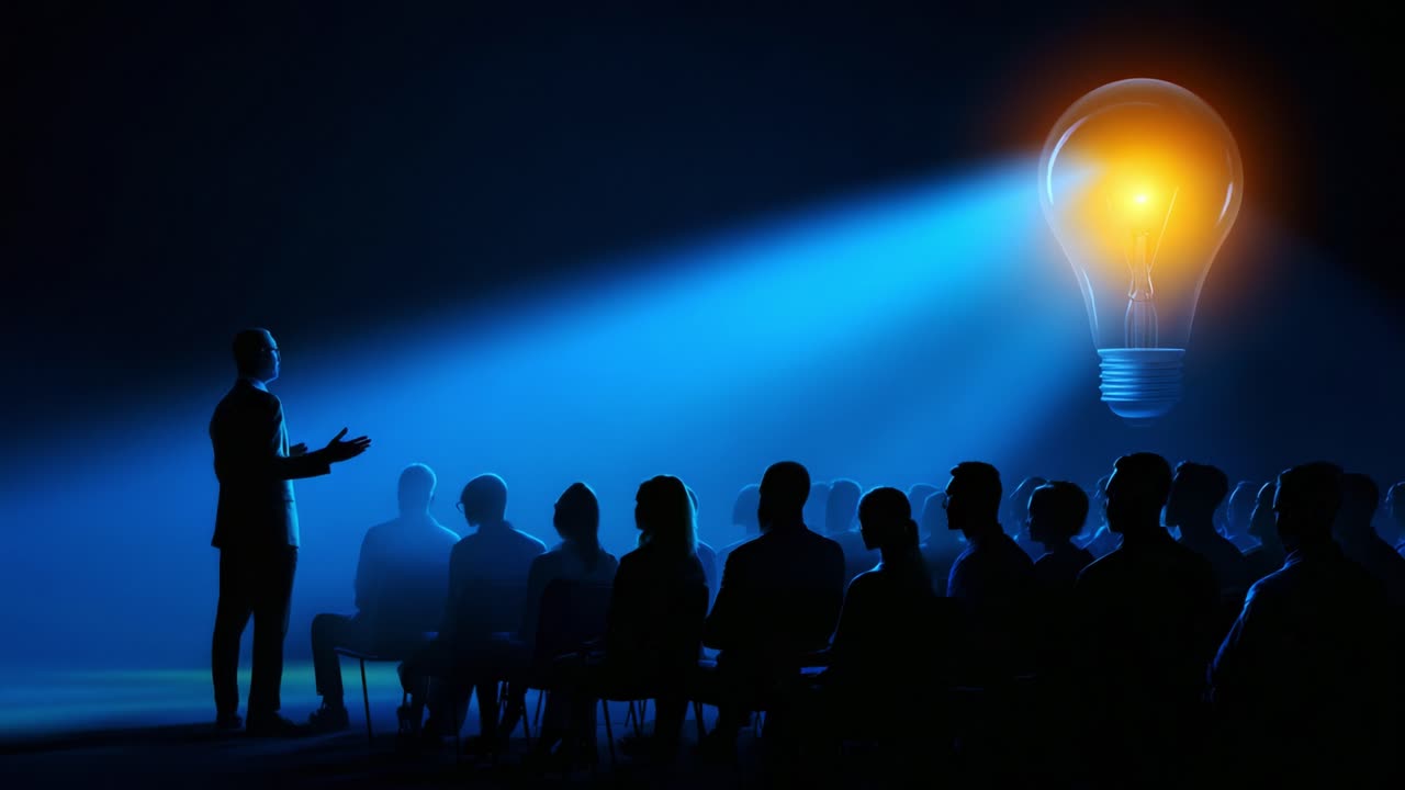 Un oratore stimolante presenta idee innovative a un pubblico coinvolto, illuminate da una lampadina incandescente che simboleggia la creatività e l'intuizione, favorendo un'atmosfera dinamica per lo scambio di conoscenze