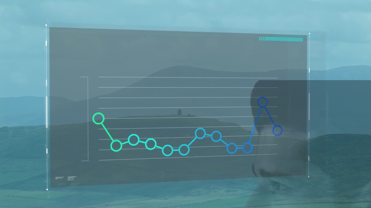 Animation of graph and head of caucasian man over scenic view of mountains